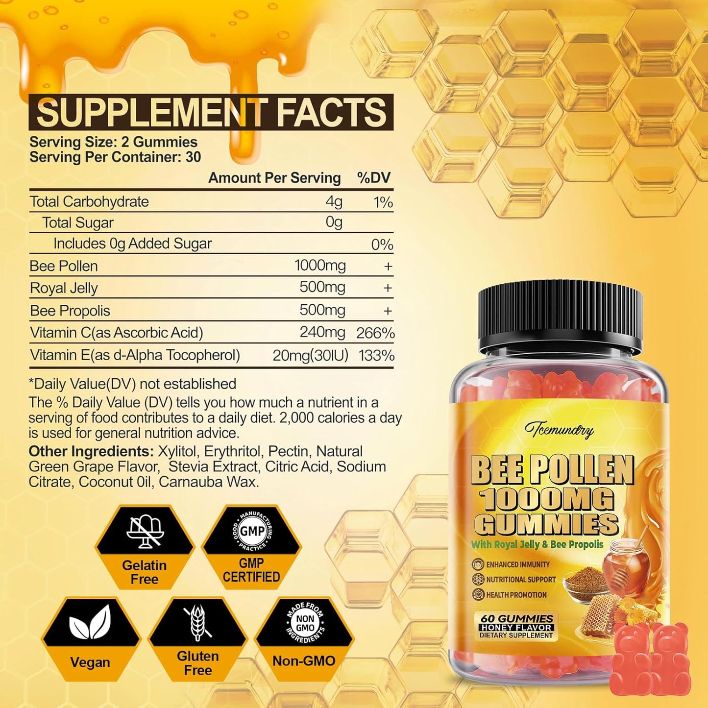 Sugar-Free Bee Pollen Gummies with Royal Jelly & Propolis, 1000MG, Rich in Vitamin C & E, Vegetarian, Non-GMO, Gluten-Free, Immunity & Skin Health Support