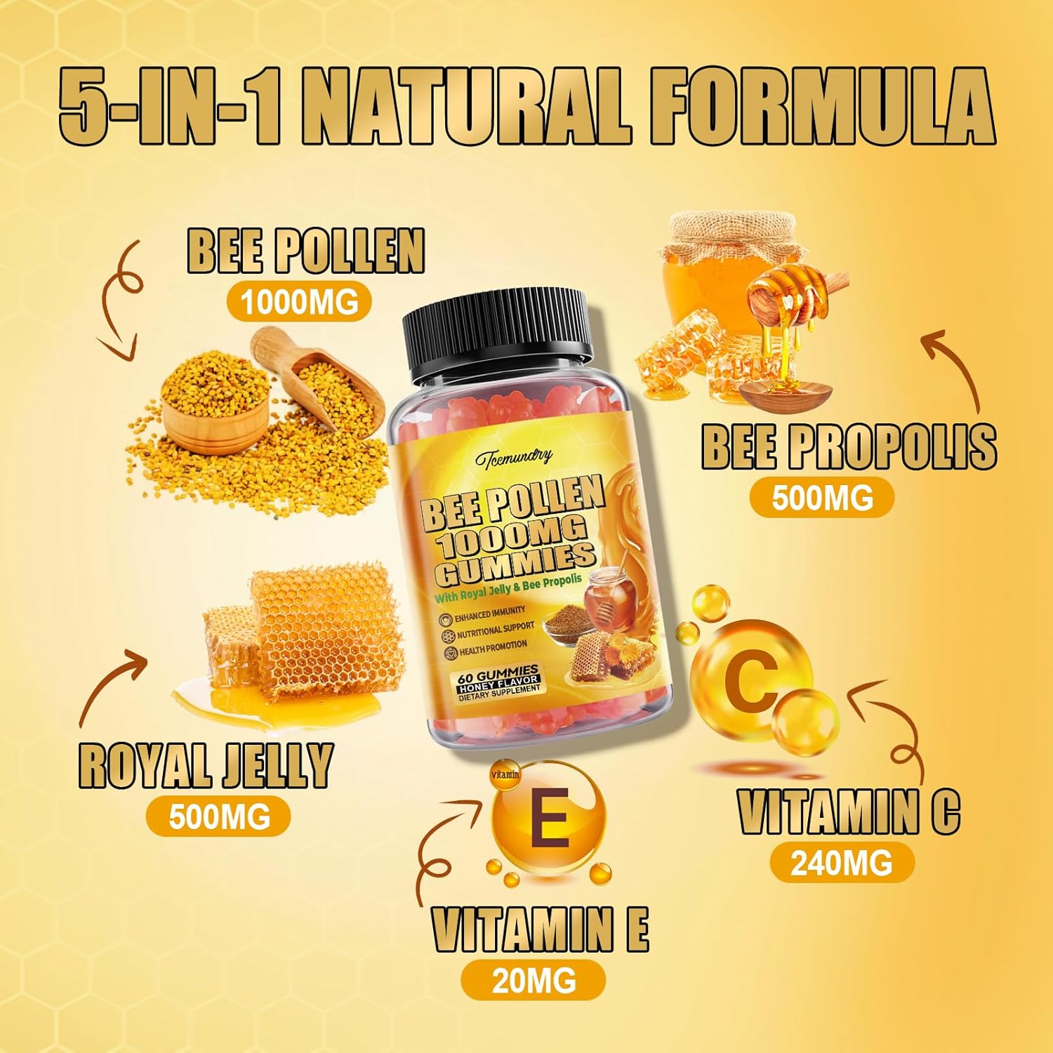 Sugar Free Bee Pollen Gummies with Royal Jelly & Propolis - 1000MG Supplement for Immunity & Skin Health - Vegetarian, Non-GMO, Gluten Free - 120 Count