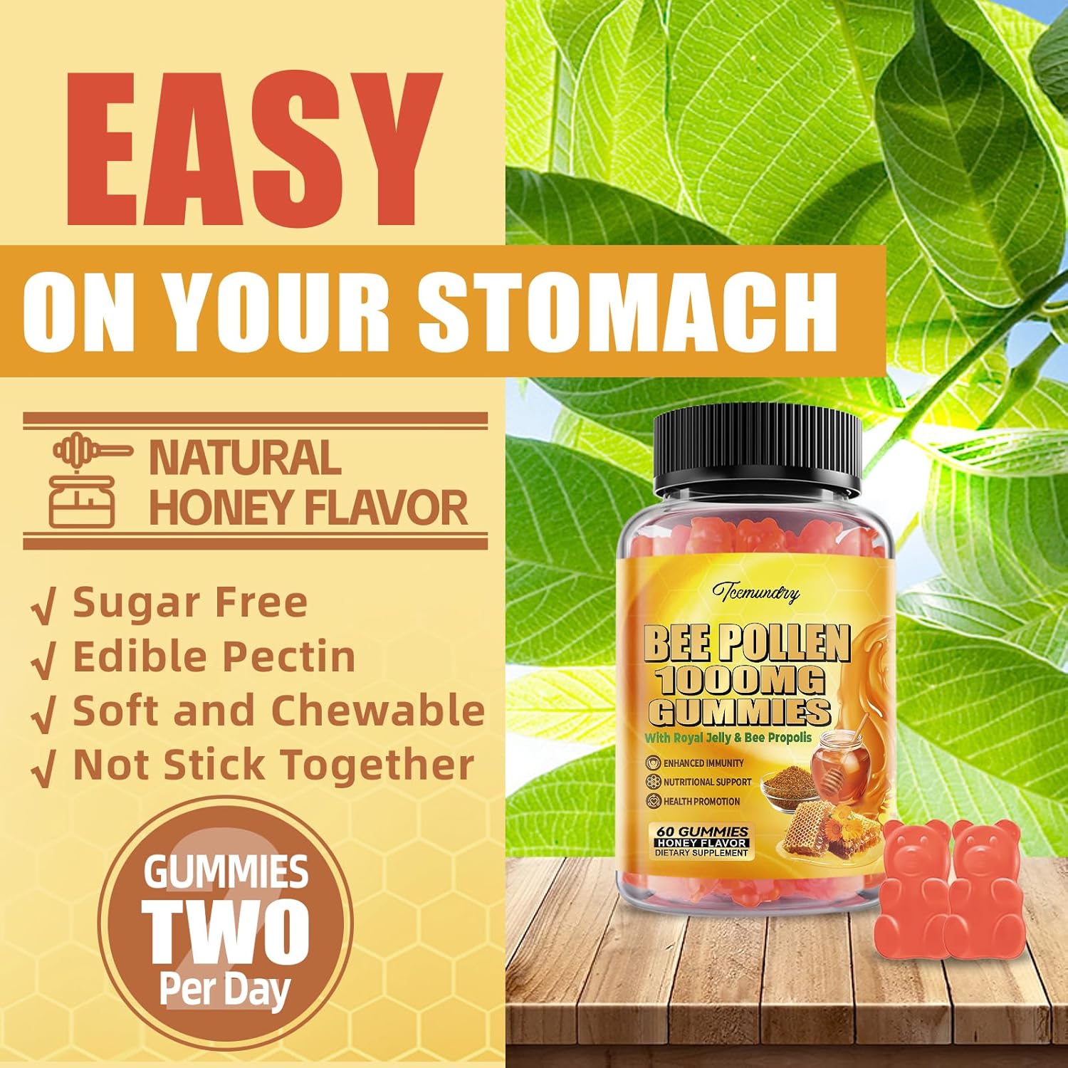 Sugar Free Bee Pollen Gummies with Royal Jelly & Propolis - 1000MG Supplement for Immunity & Skin Health - Vegetarian, Non-GMO, Gluten Free - 120 Count