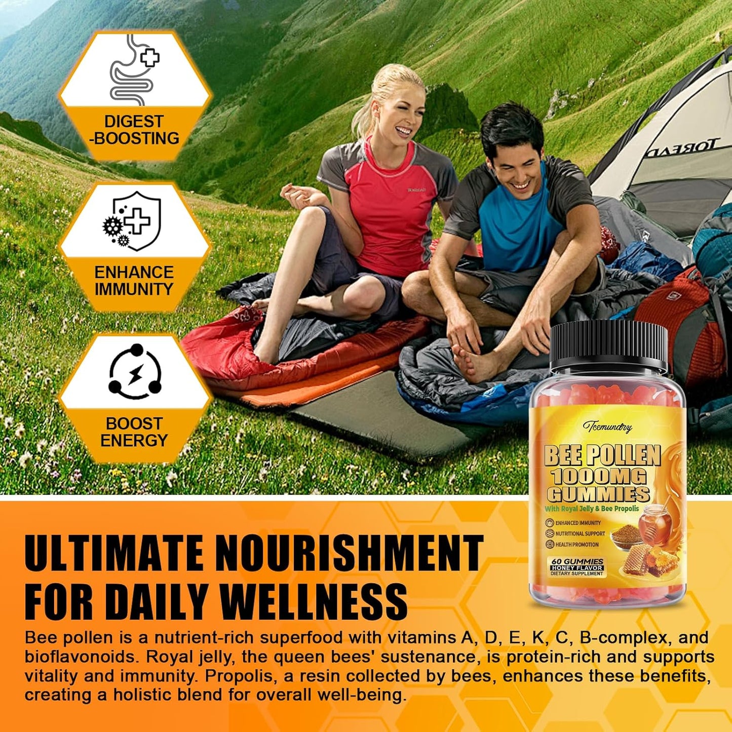 Sugar-Free Bee Pollen Gummies with Royal Jelly & Propolis, 1000MG, Rich in Vitamin C & E, Vegetarian, Non-GMO, Gluten-Free, Immunity & Skin Health Support