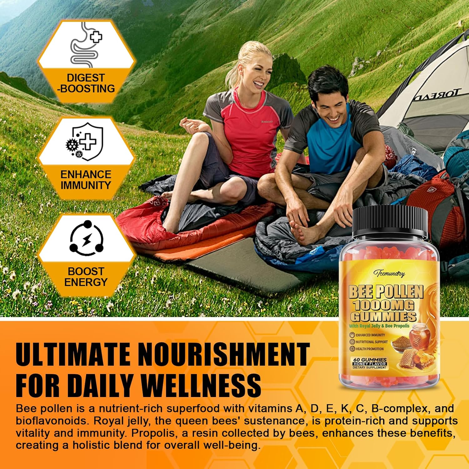 Sugar Free Bee Pollen Gummies with Royal Jelly & Propolis - 1000MG Supplement for Immunity & Skin Health - Vegetarian, Non-GMO, Gluten Free - 120 Count