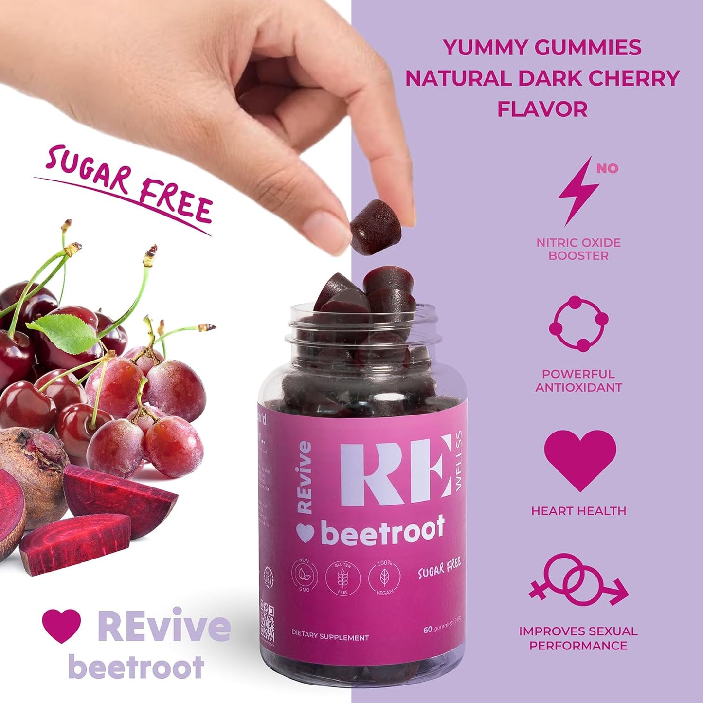 Sugar-Free Beet Root Gummies with Grape Seed Extract for Energy Support - Heart Health & Blood Pressure - 60 Cherry Gummies