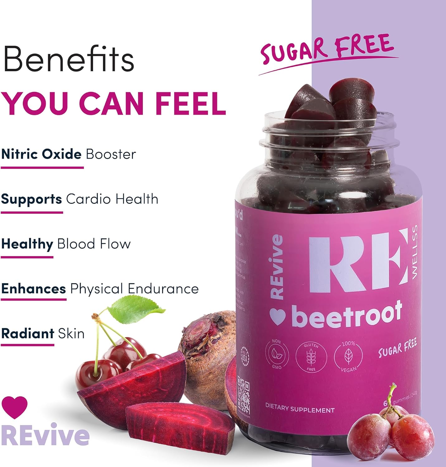 Sugar-Free Beet Root Gummies with Grape Seed Extract for Energy Support - Heart Health & Blood Pressure - 60 Cherry Gummies