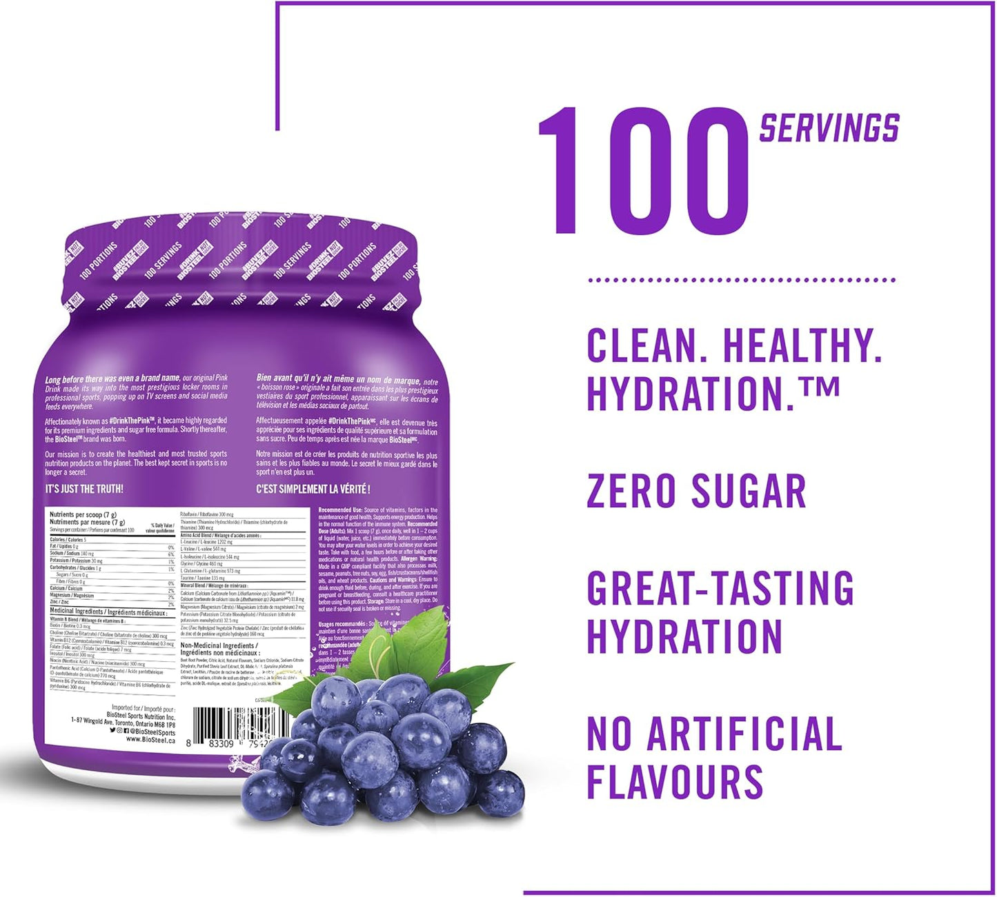 Sugar-Free BioSteel Hydration Mix with Essential Electrolytes - Grape Flavor, 100 Servings for Post-Workout Replenishment