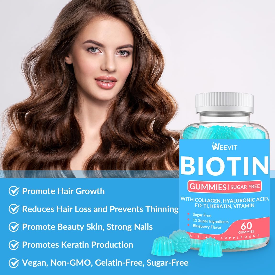 Sugar-Free Biotin Gummies with Collagen, Keratin, and Hyaluronic Acid for Hair Growth - Vitamin B7 Supplement Chewables for Women and Men