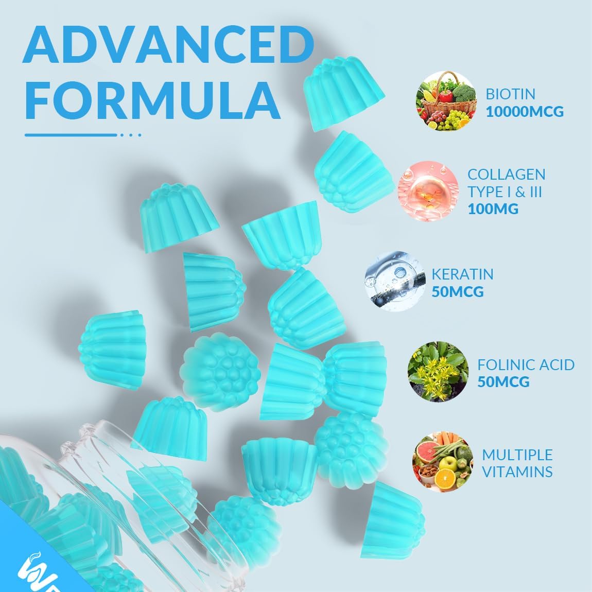 Sugar-Free Biotin Gummies with Collagen, Keratin, and Hyaluronic Acid for Hair Growth - Vitamin B7 Supplement Chewables for Women and Men