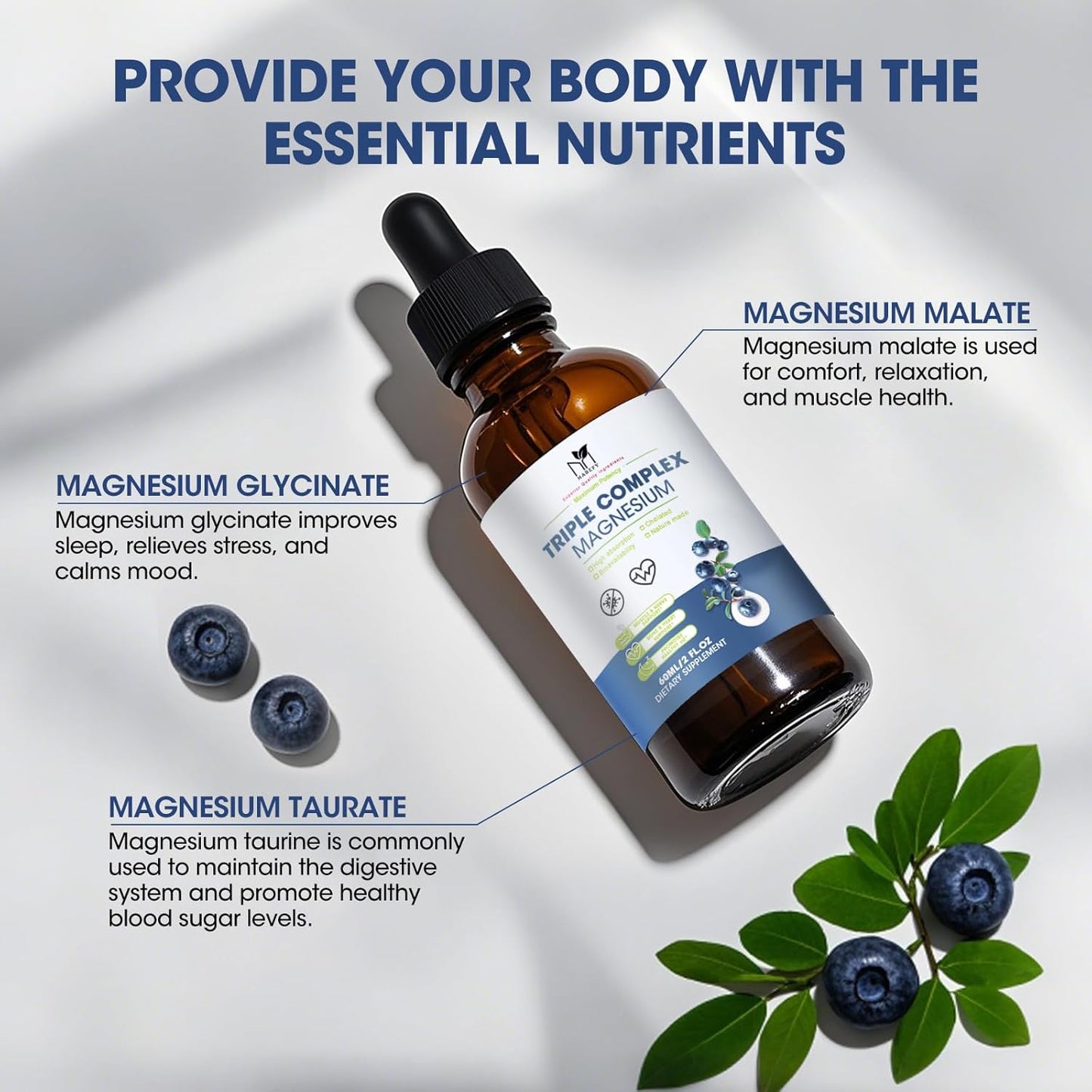 Sugar-Free Blueberry Magnesium Glycinate Drops with Triple Complex for Calm, Energy, and Leg Cramps - Vegan and Natural Formula