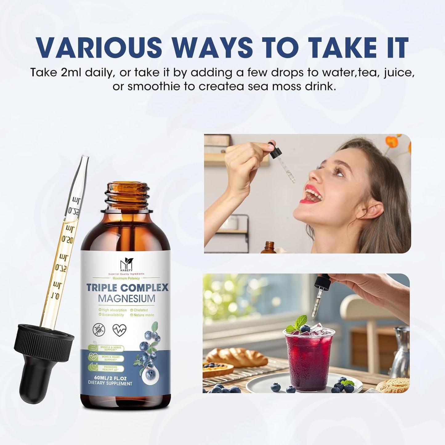 Sugar-Free Blueberry Magnesium Glycinate Drops with Triple Complex for Calm, Energy, and Leg Cramps - Vegan and Natural Formula