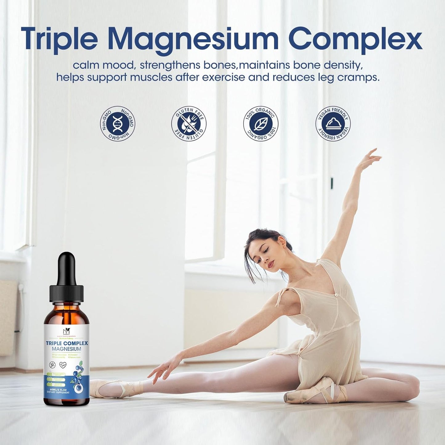 Sugar-Free Blueberry Magnesium Glycinate Drops with Triple Complex for Calm, Energy, and Leg Cramps - Vegan and Natural Formula