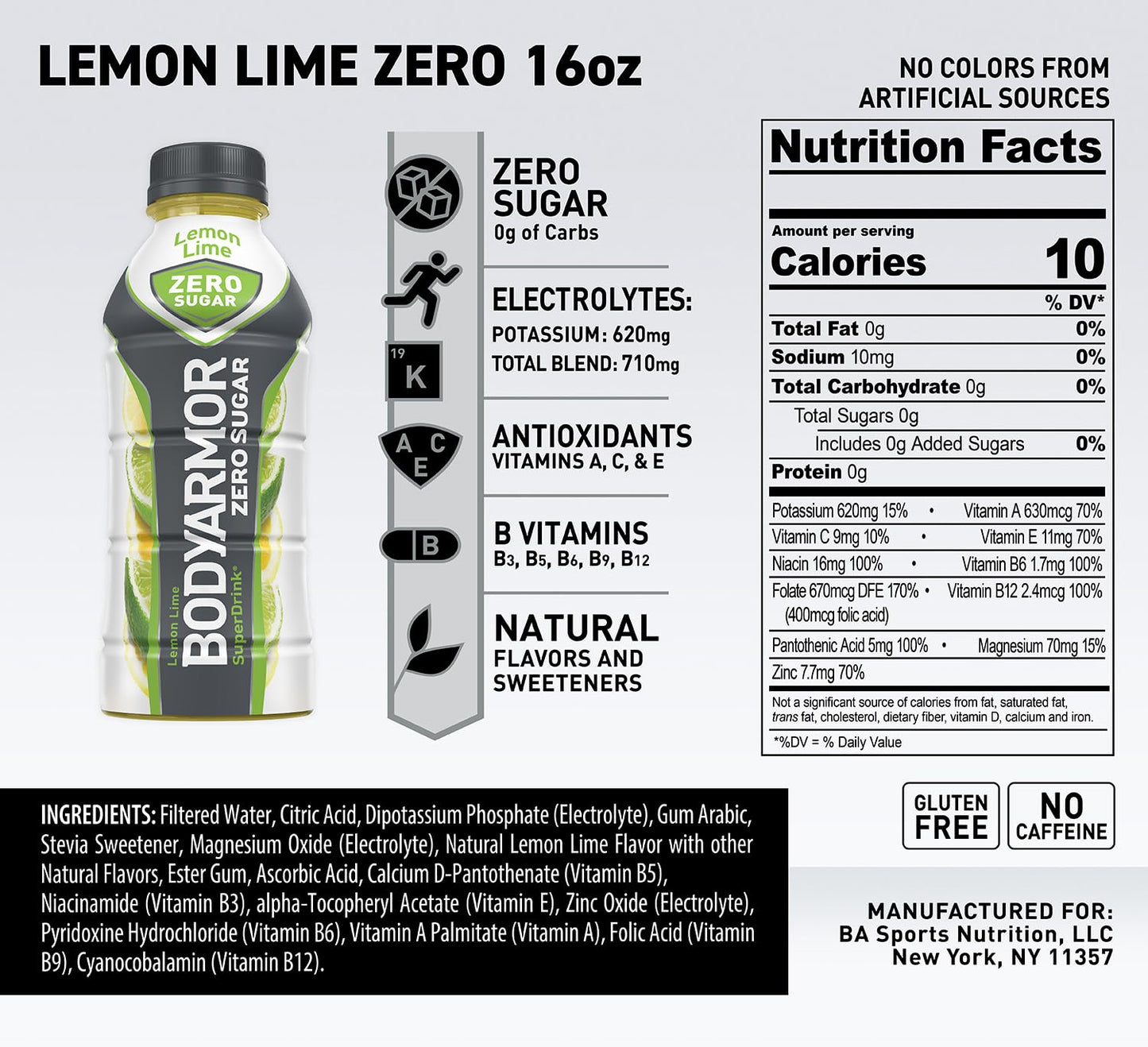 Sugar-Free BODYARMOR ZERO Lemon Lime Sports Drink - 16 fl oz (Pack of 12) - Low-Calorie Hydration with Electrolytes, Antioxidants, and B-vitamins