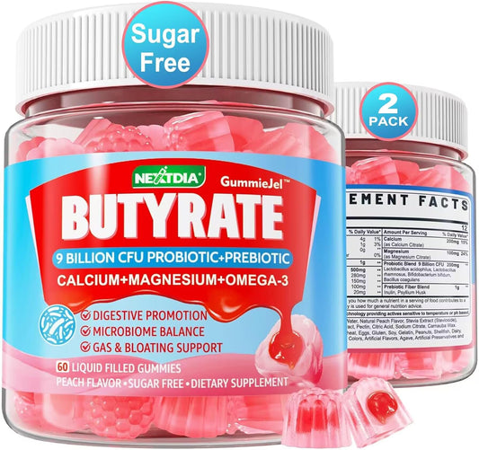 Sugar-Free Butyrate Gummies with Omega-3, Probiotics, Prebiotics, Postbiotics, Fiber, Calcium, Magnesium, Inulin, Psyllium Husk for Digestive Health & Bloating Support