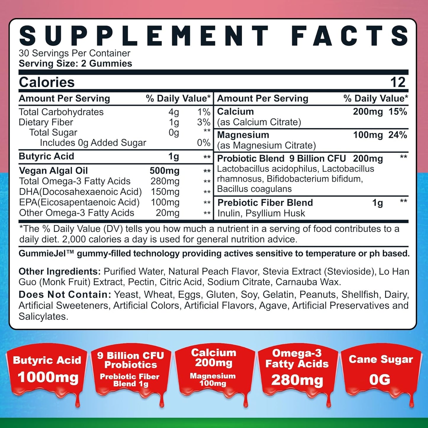 Sugar-Free Butyrate Gummies with Omega-3, Probiotics, Prebiotics, Postbiotics, Fiber, Calcium, Magnesium, Inulin, Psyllium Husk for Digestive Health & Bloating Support