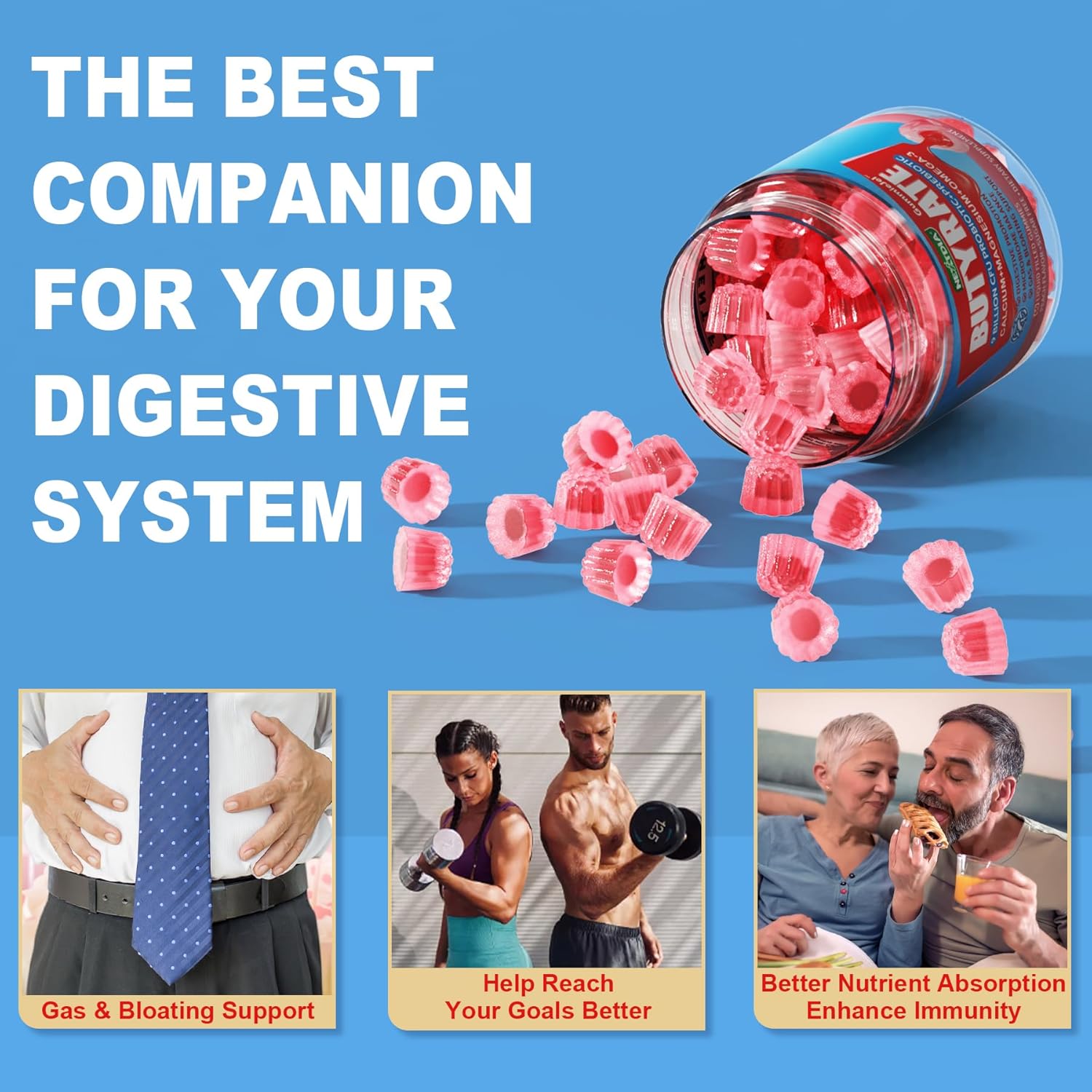 Sugar-Free Butyrate Gummies with Omega-3, Probiotics, Prebiotics, Postbiotics, Fiber, Calcium, Magnesium, Inulin, Psyllium Husk for Digestive Health & Bloating Support