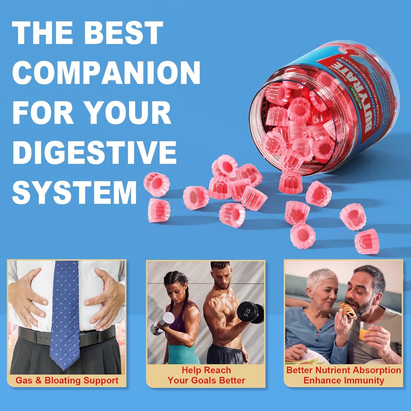 Sugar-Free Butyrate Gummies with Omega-3, Probiotics, Prebiotics, Postbiotics, Fiber, Calcium, Magnesium, Inulin, Psyllium Husk for Digestive Health & Bloating Support