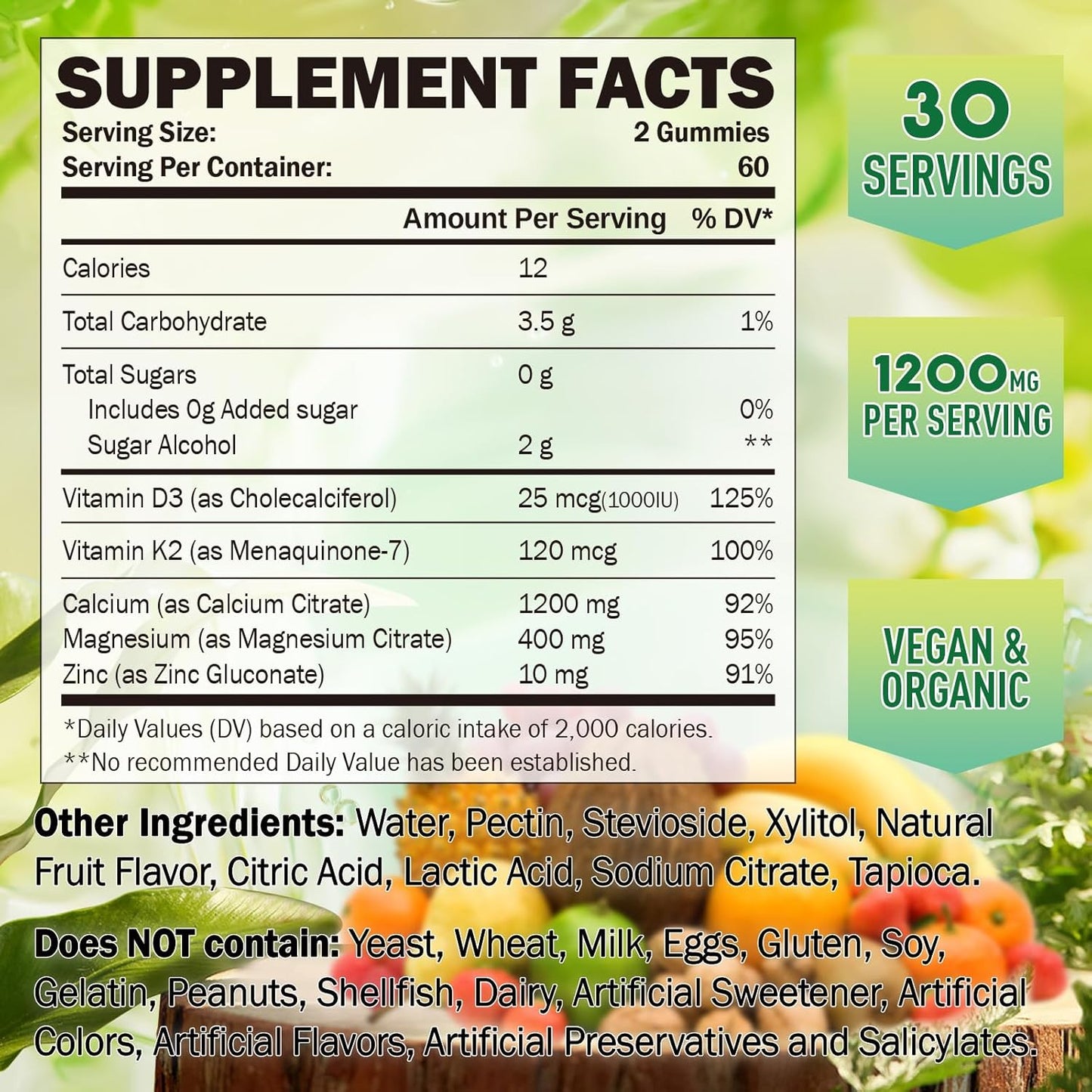 Sugar-Free Calcium Citrate Gummies with Vitamin D3, K2, Magnesium, and Zinc - Bone Support for Women, Elders, and Kids - Natural Pineapple Flavor - 60 Gummies