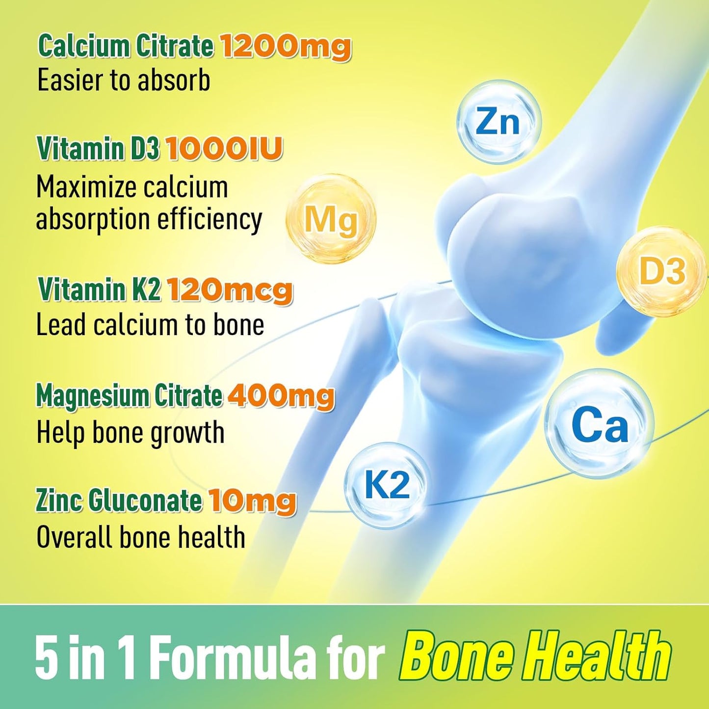 Sugar-Free Calcium Citrate Gummies with Vitamin D3, K2, Magnesium, and Zinc - Bone Support for Women, Elders, and Kids - Natural Pineapple Flavor - 60 Gummies