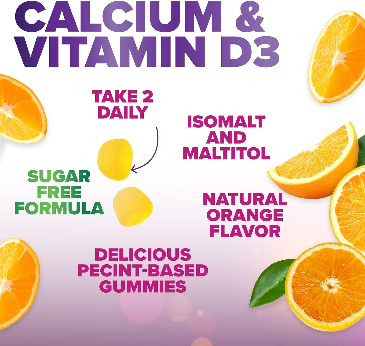 Sugar Free Calcium Gummy Bites with Vitamin D3 for Bone Health & Immune Support - Orange Flavor Chewables - 60 Gummies