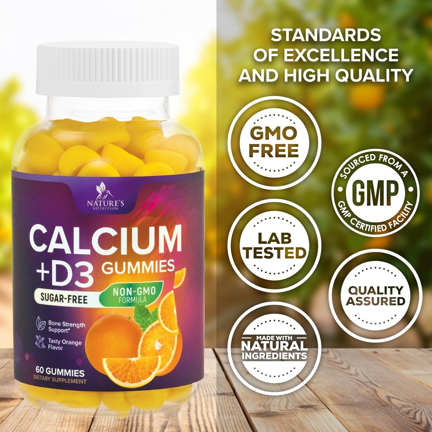 Sugar Free Calcium Gummy Bites with Vitamin D3 for Bone Health & Immune Support - Orange Flavor Chewables - 60 Gummies