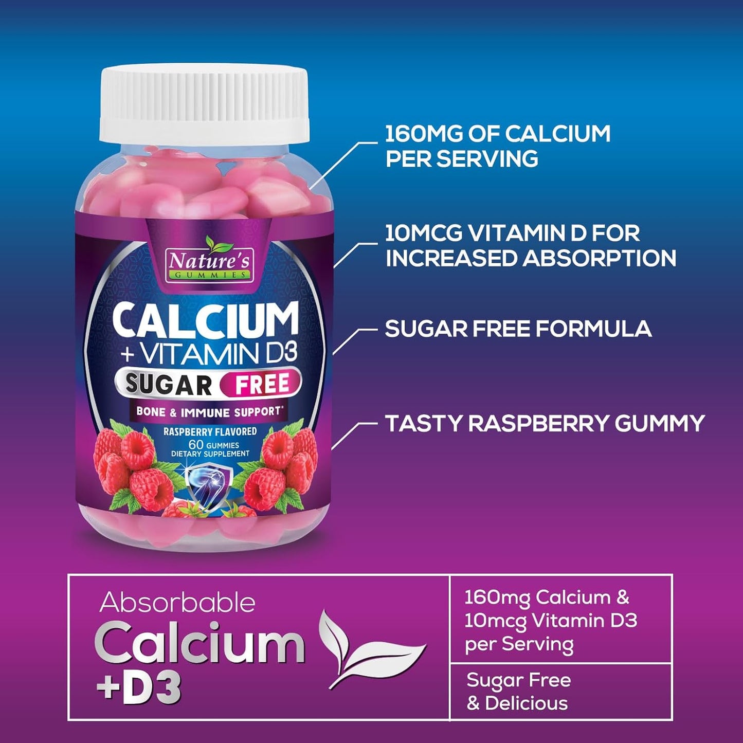 Sugar-Free Calcium Gummy Bites with Vitamin D3 for Bone Health and Immune Support - 60 Berry Flavor Chews, Non-GMO Supplement