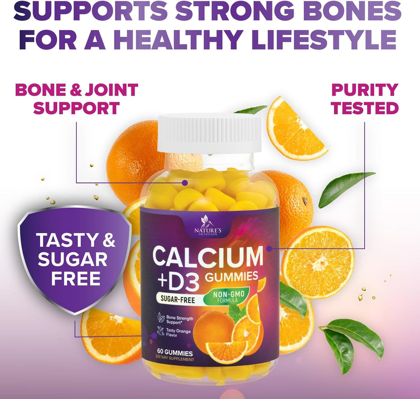 Sugar Free Calcium Gummy Bites with Vitamin D3 for Bone Health & Immune Support - Orange Flavor Chewables - 60 Gummies