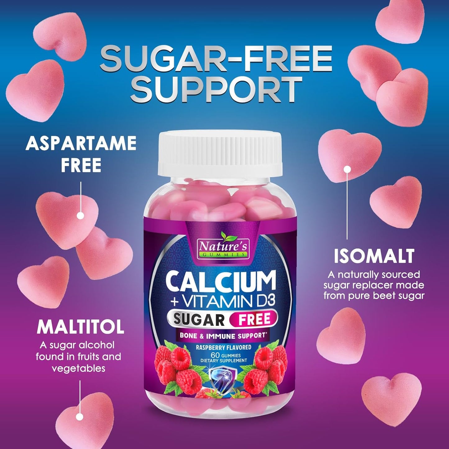 Sugar-Free Calcium Gummy Bites with Vitamin D3 for Bone Health and Immune Support - 60 Berry Flavor Chews, Non-GMO Supplement