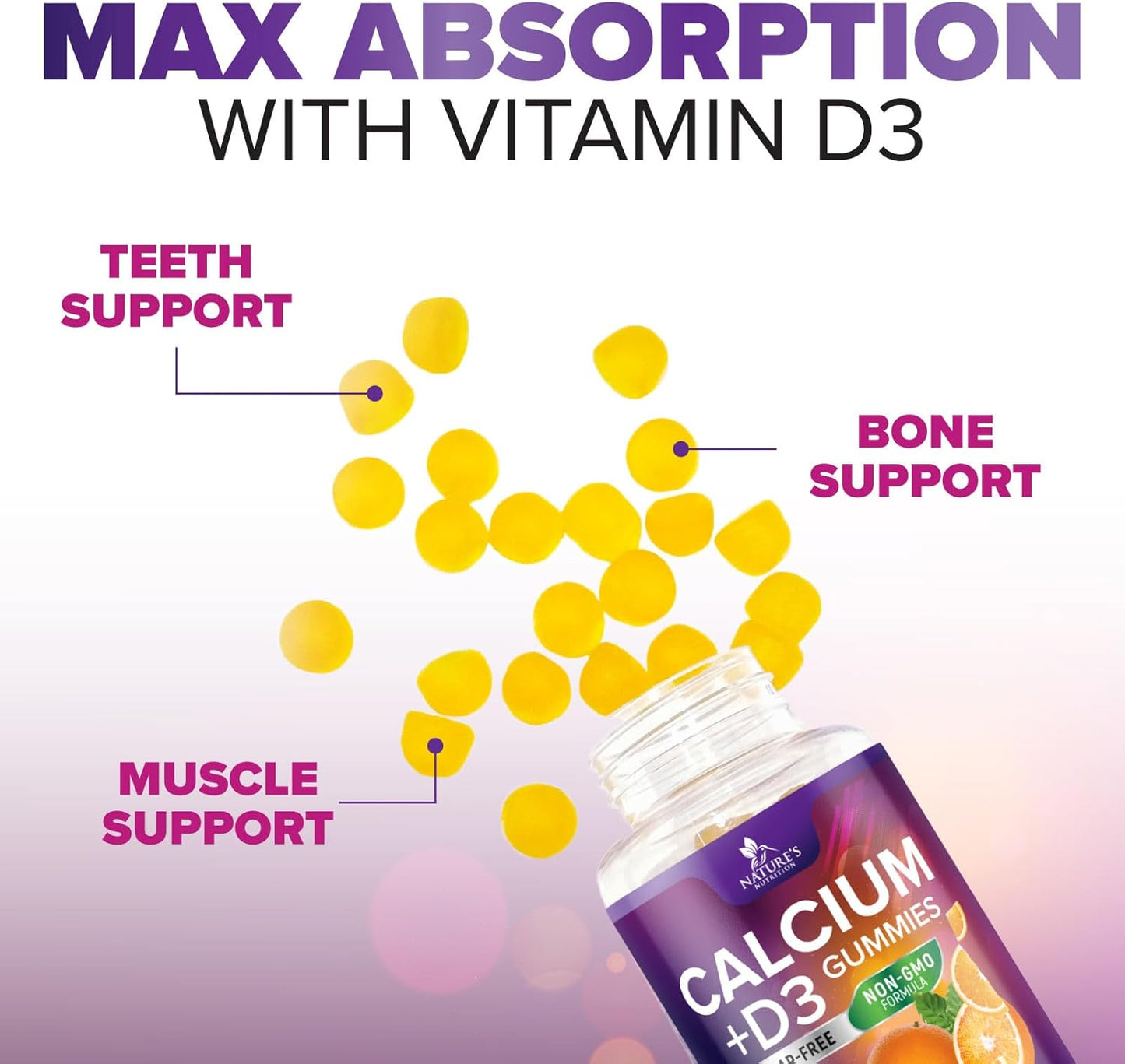 Sugar Free Calcium Gummy Bites with Vitamin D3 for Bone Health & Immune Support - Orange Flavor Chewables - 60 Gummies