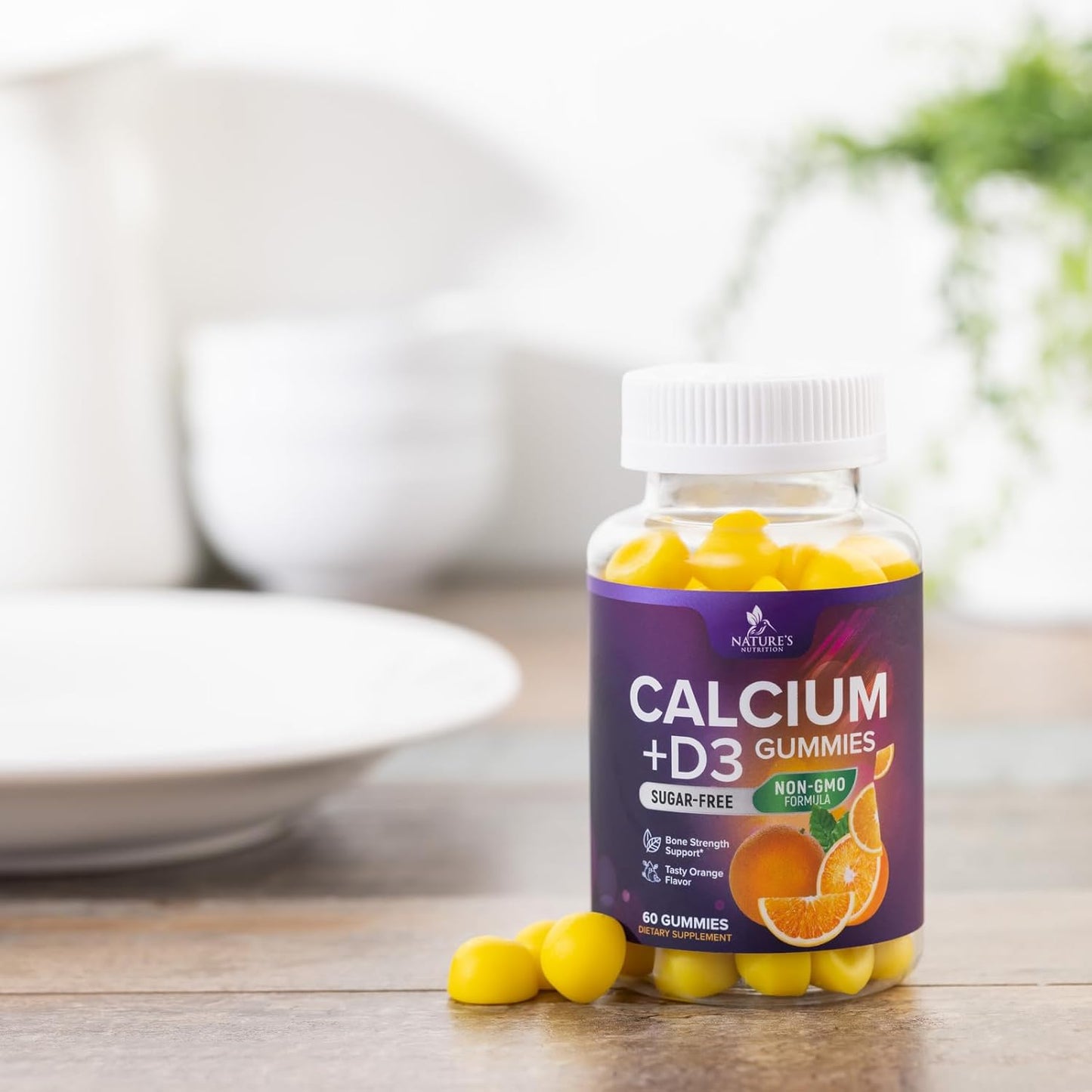 Sugar Free Calcium Gummy Bites with Vitamin D3 for Bone Health & Immune Support - Orange Flavor Chewables - 60 Gummies