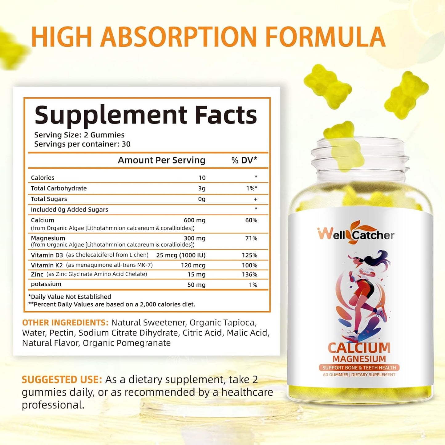 Sugar-Free Calcium Magnesium Gummies for Adults and Kids - Vegan Algae Supplements with Zinc, Potassium, Vitamin D3, K2 - Lemon Flavor, 120CT