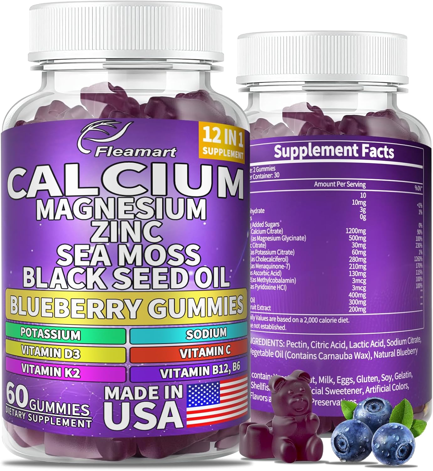 Sugar-Free Calcium Magnesium Zinc Gummies for Bone & Immune Support - 60 Count Blueberry Flavored Supplement for Women and Men - Made in USA