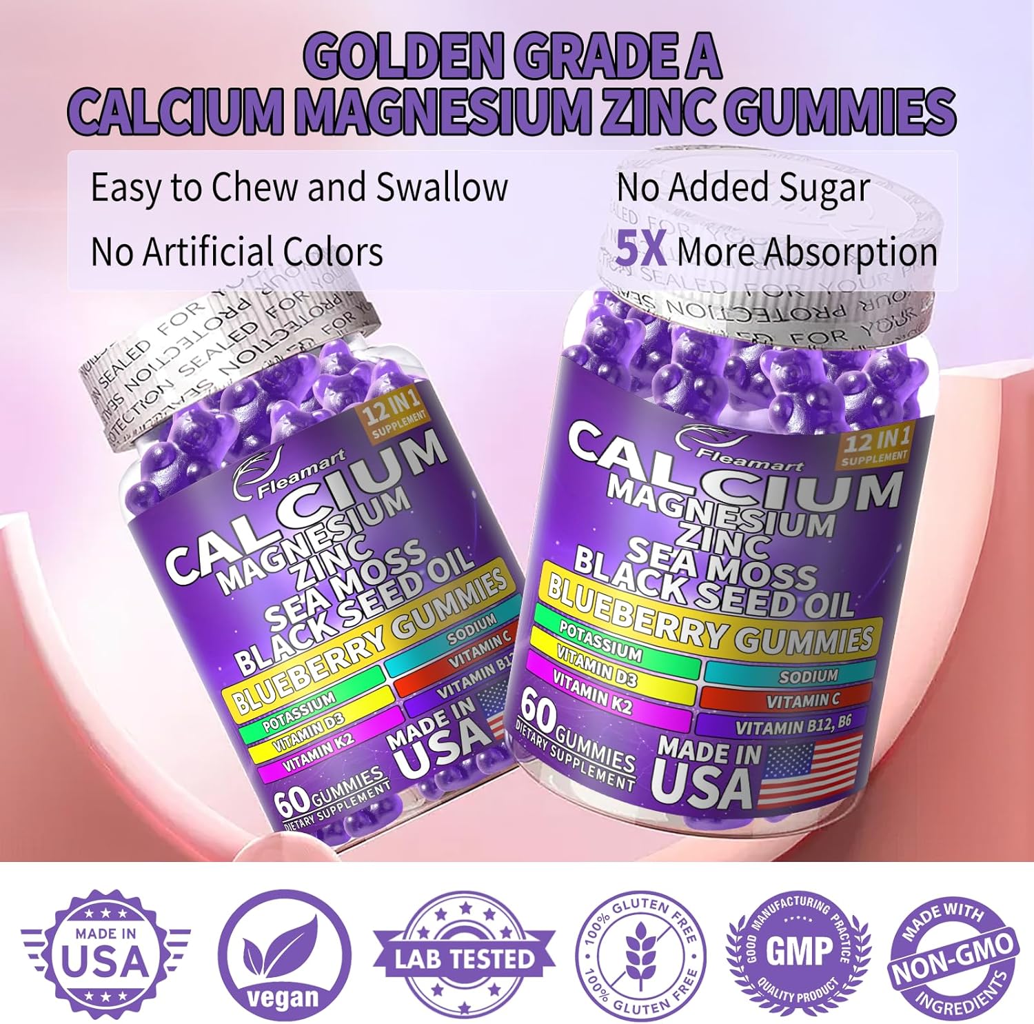Sugar-Free Calcium Magnesium Zinc Gummies for Bone & Immune Support - 60 Count Blueberry Flavored Supplement for Women and Men - Made in USA