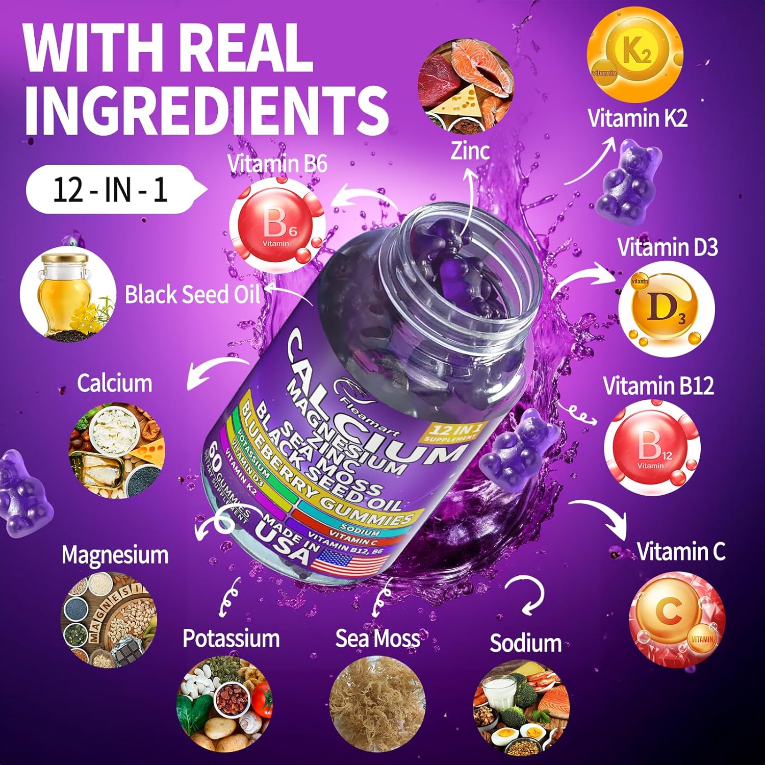 Sugar-Free Calcium Magnesium Zinc Gummies for Bone & Immune Support - 60 Count Blueberry Flavored Supplement for Women and Men - Made in USA