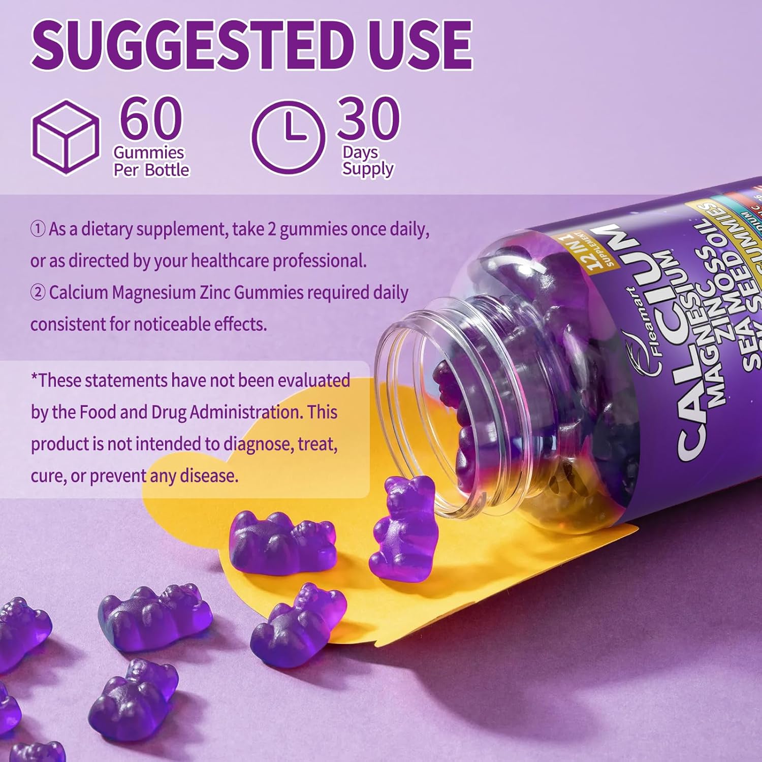 Sugar-Free Calcium Magnesium Zinc Gummies for Bone & Immune Support - 60 Count Blueberry Flavored Supplement for Women and Men - Made in USA