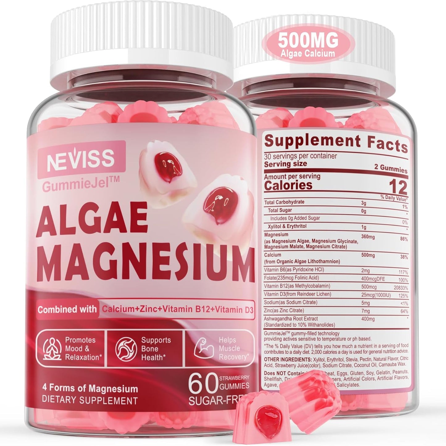 Sugar Free Calcium Magnesium Zinc Gummies with Algae Calcium & D3 | Supports Bone Health, Muscle Function & Nerve | 60 Ct