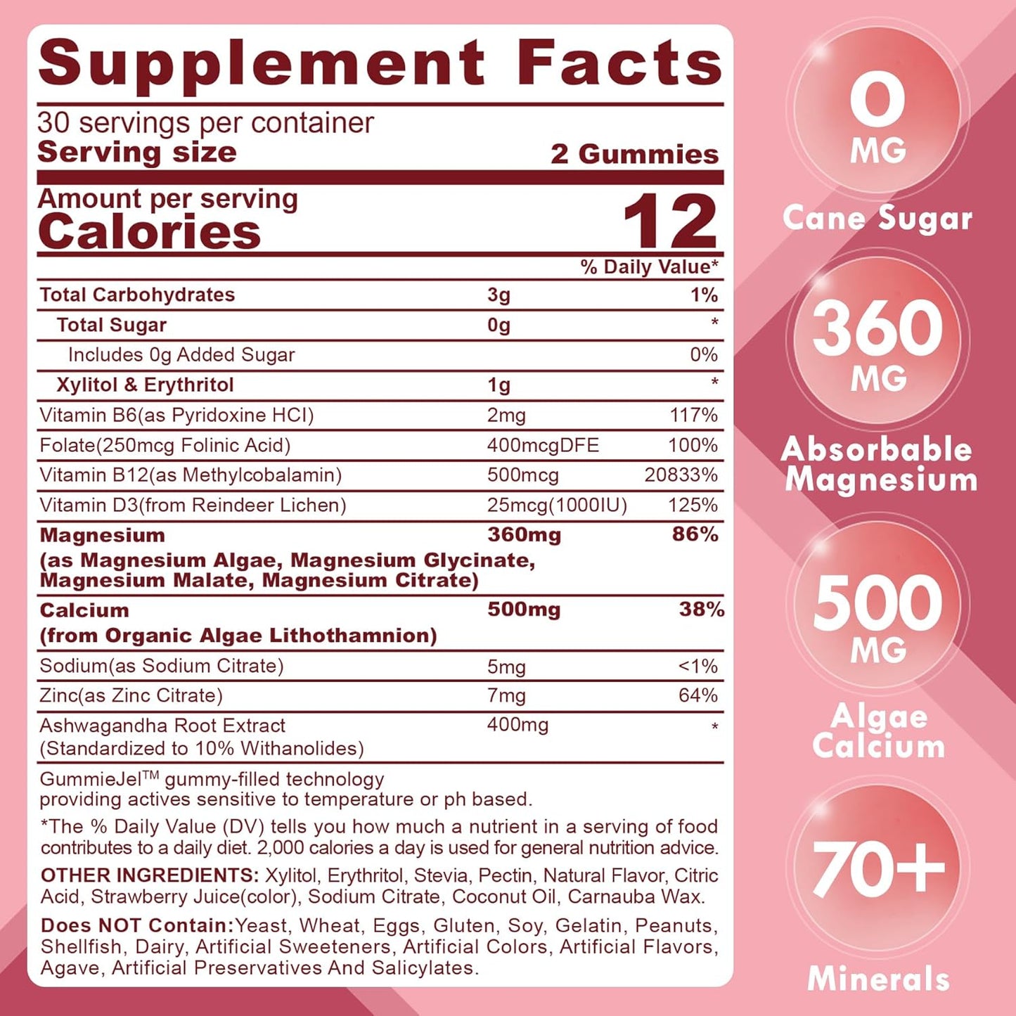 Sugar Free Calcium Magnesium Zinc Gummies with Algae Calcium & D3 | Supports Bone Health, Muscle Function & Nerve | 60 Ct