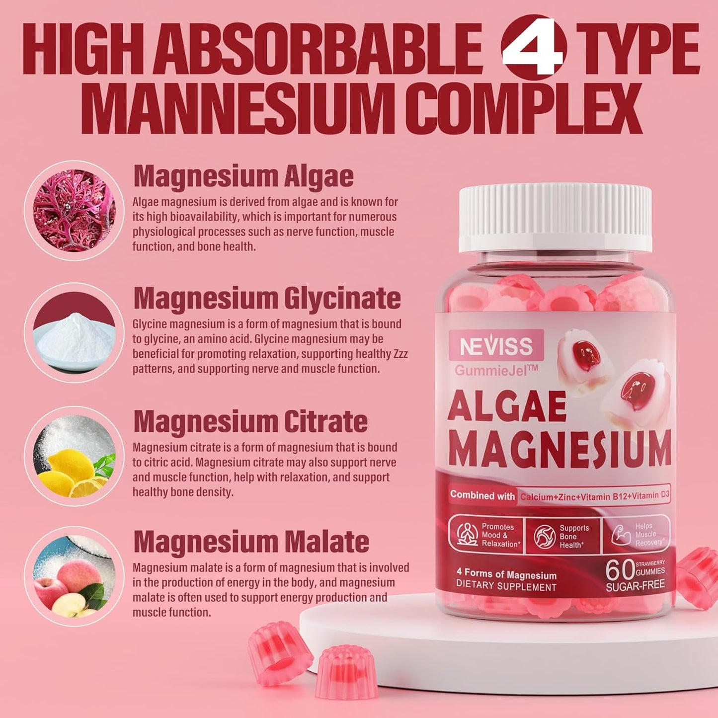 Sugar Free Calcium Magnesium Zinc Gummies with Algae Calcium & D3 | Supports Bone Health, Muscle Function & Nerve | 60 Ct