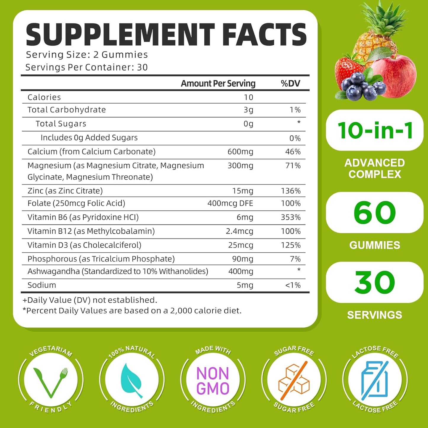 Sugar-Free Calcium Magnesium Zinc Gummies with Vitamin D3 - 60 Count for Bone, Muscle, and Immune Health - Mixed Flavors - High Potency Supplement for Men and Women