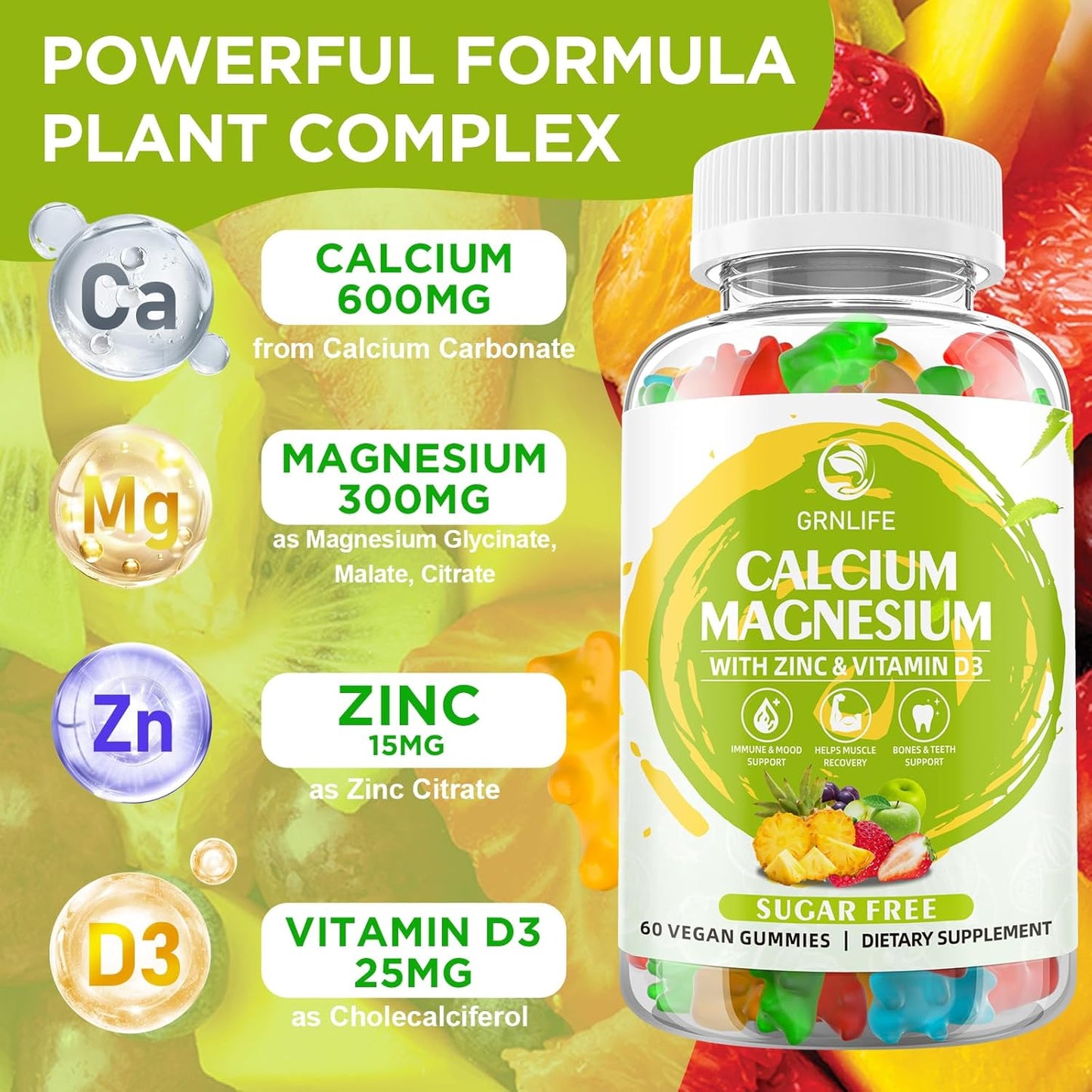 Sugar-Free Calcium Magnesium Zinc Gummies with Vitamin D3 - 60 Count for Bone, Muscle, and Immune Health - Mixed Flavors - High Potency Supplement for Men and Women