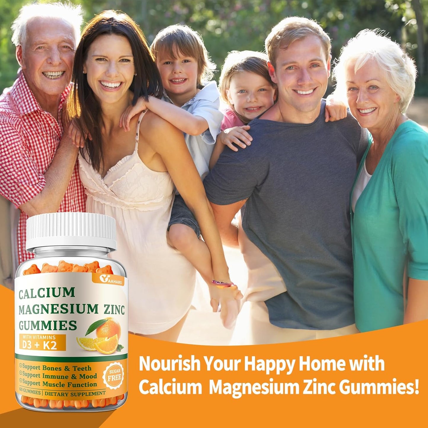 Sugar-Free Calcium Magnesium Zinc Gummies with Vitamin D3 & K2 - Bone & Immune Support for Women and Men - Orange Flavored - 60 Gummies