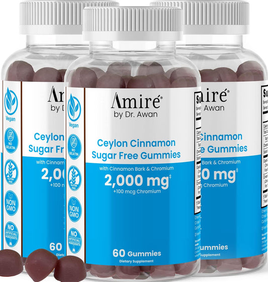 Sugar-Free Ceylon Cinnamon Gummies - Vegan Supplement for Heart, Joint, Brain Health - 180ct - Amire by Dr. Awan, 2,000mg