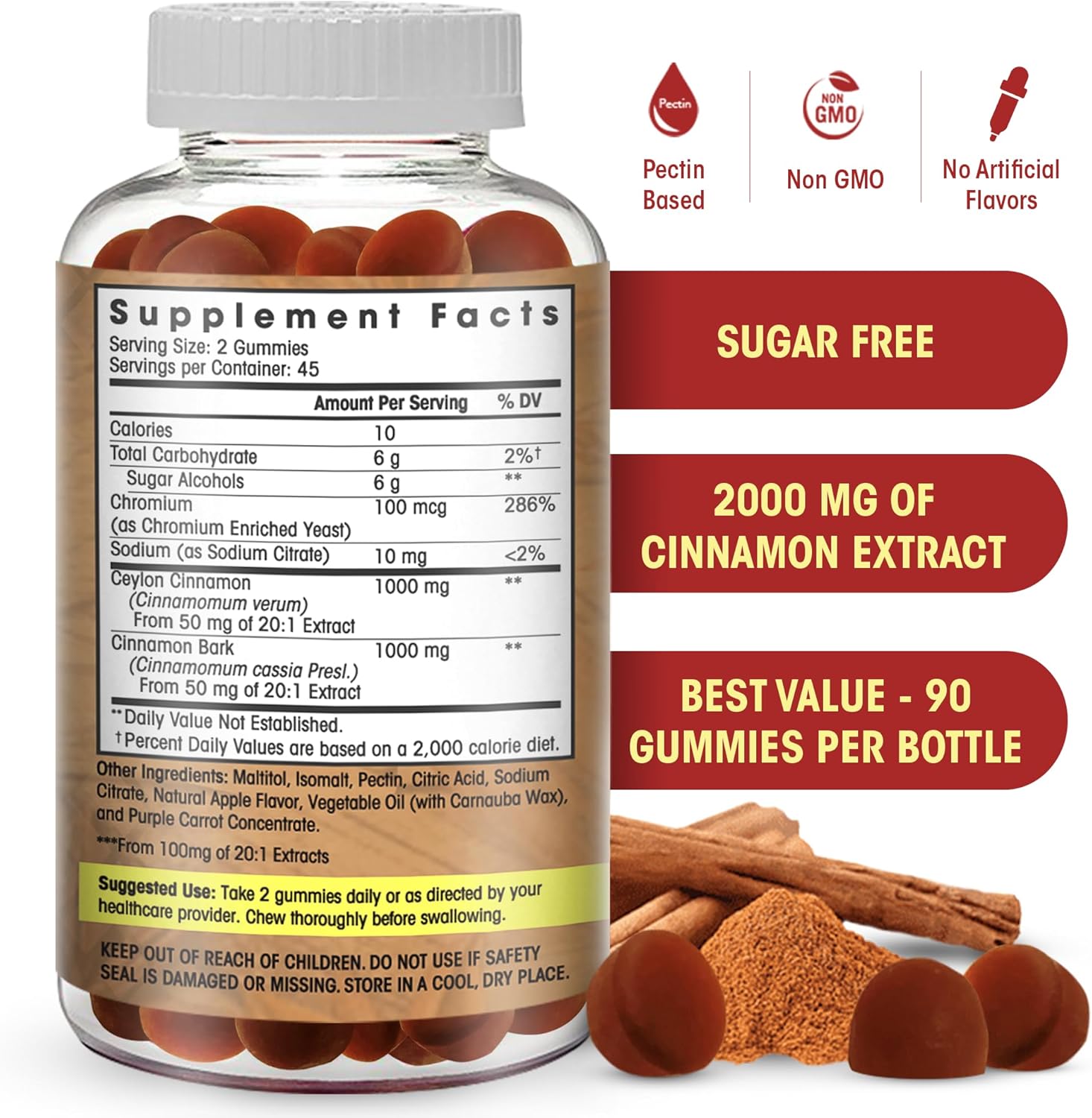 Sugar Free Ceylon Cinnamon Gummies 2000mg - Joint Pain Relief & Sugar Regulation - Neuroprotective Supplement with Chromium - 90 Chews
