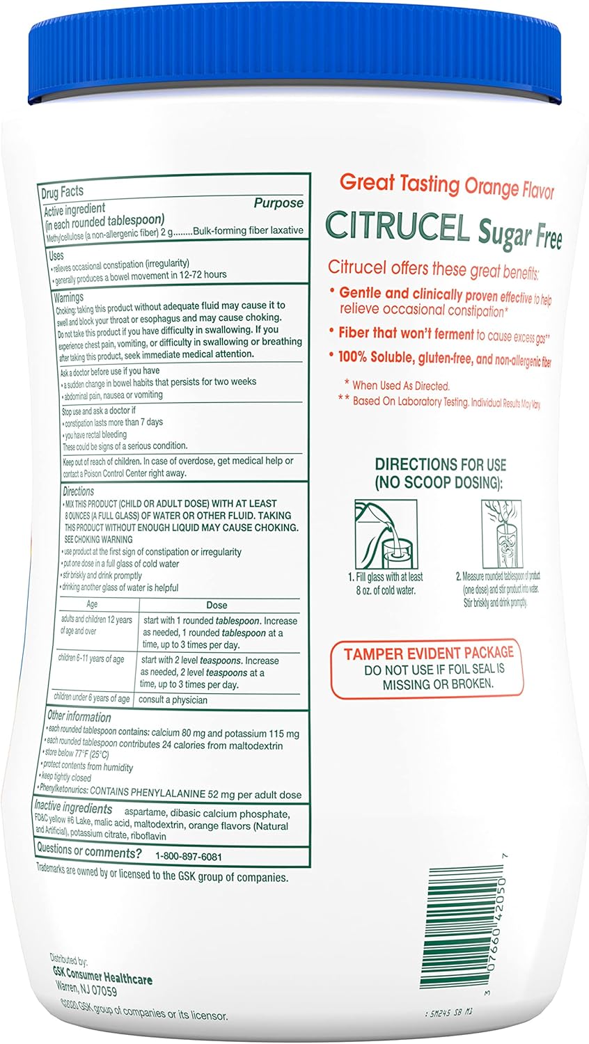 Sugar Free Citrucel Fiber Powder: Orange Flavor, 32 Ounces - Relieve Occasional Constipation with Methylcellulose Fiber