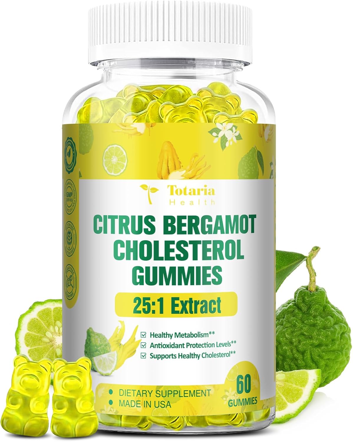 Sugar-Free Citrus Bergamot Gummies - All-Natural Supplement for Healthy Cholesterol & Immune Support, Anti-Aging Vegan Pectin Extract from Italy