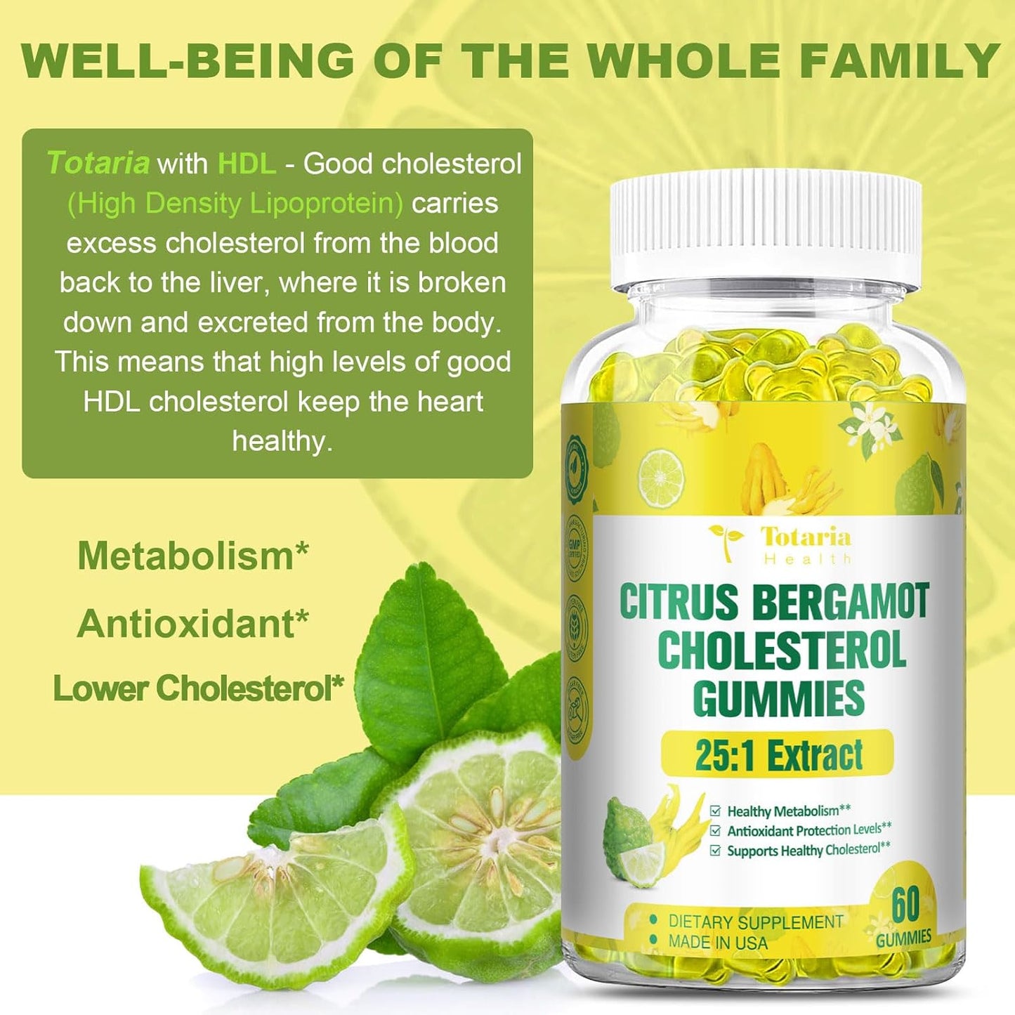 Sugar-Free Citrus Bergamot Gummies - All-Natural Supplement for Healthy Cholesterol & Immune Support, Anti-Aging Vegan Pectin Extract from Italy