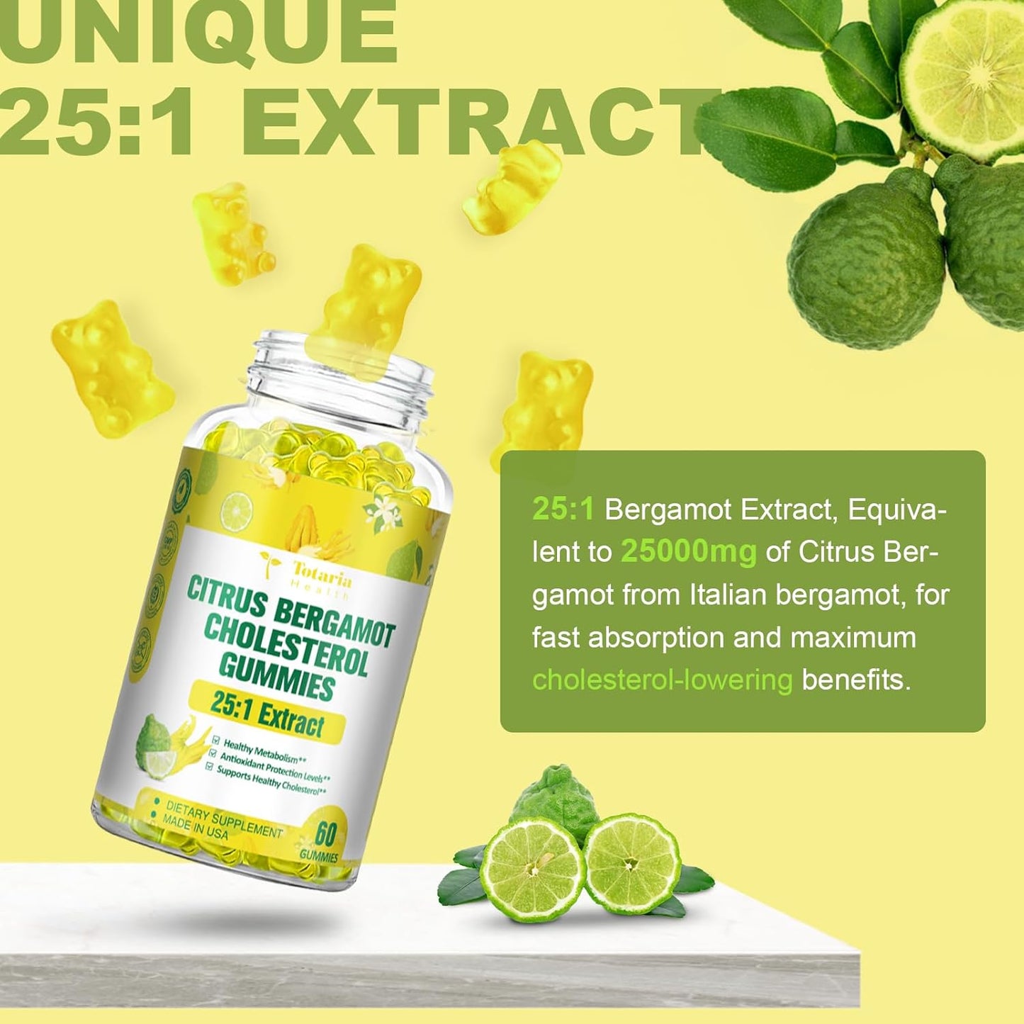 Sugar-Free Citrus Bergamot Gummies - All-Natural Supplement for Healthy Cholesterol & Immune Support, Anti-Aging Vegan Pectin Extract from Italy