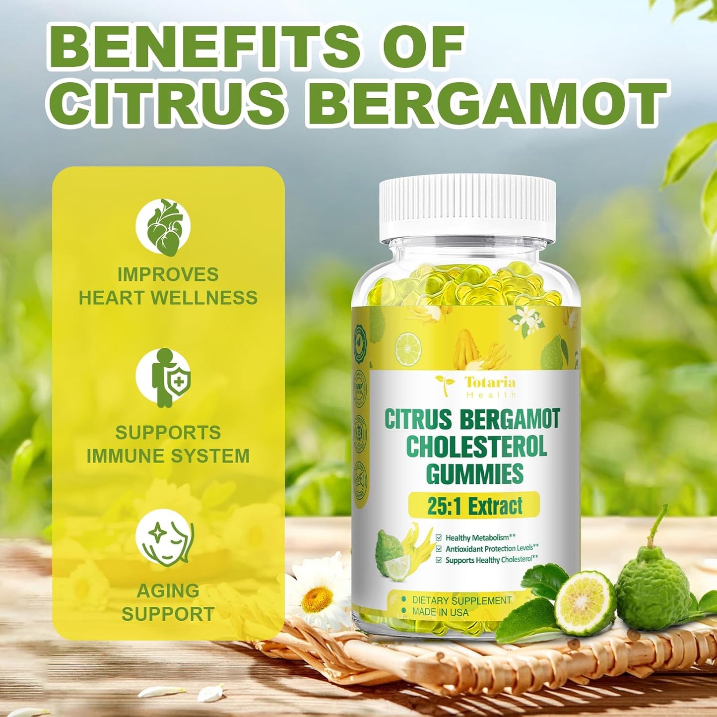 Sugar-Free Citrus Bergamot Gummies - All-Natural Supplement for Healthy Cholesterol & Immune Support, Anti-Aging Vegan Pectin Extract from Italy