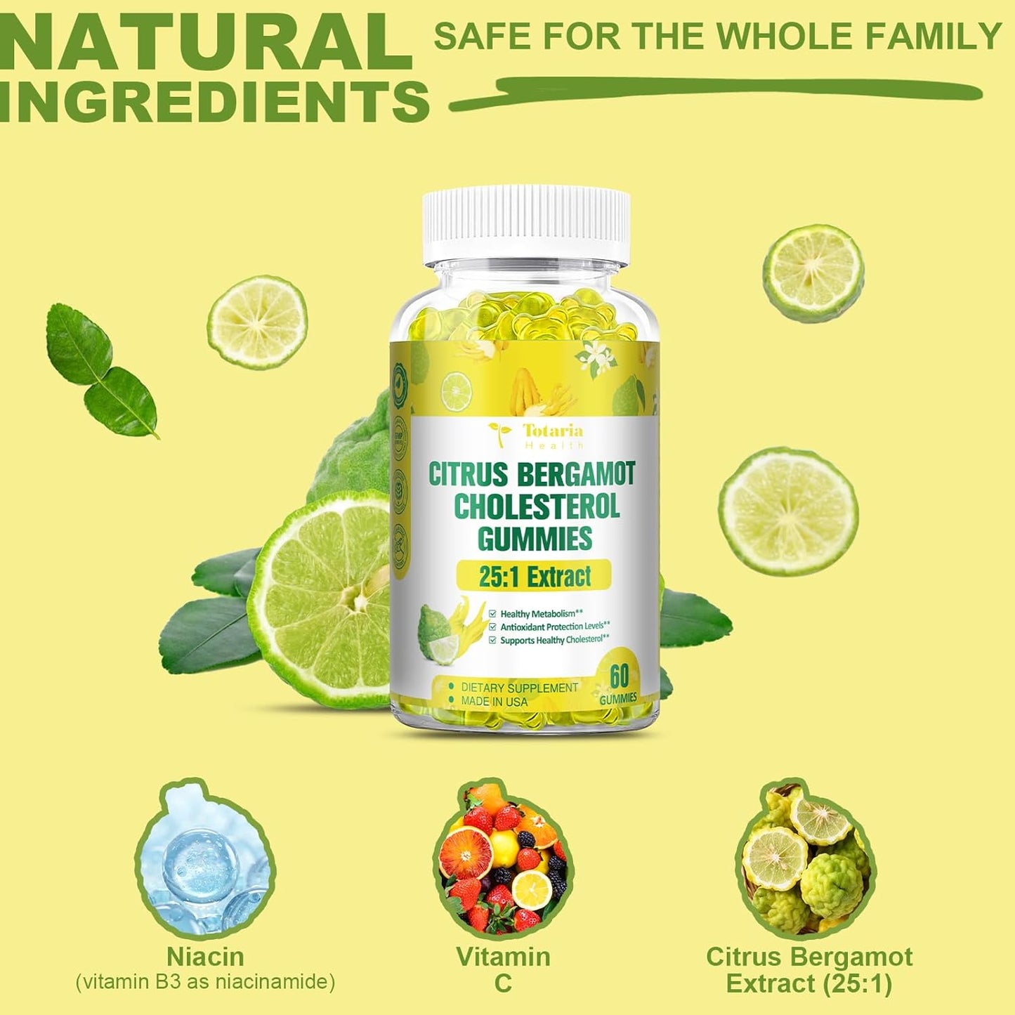 Sugar-Free Citrus Bergamot Gummies - All-Natural Supplement for Healthy Cholesterol & Immune Support, Anti-Aging Vegan Pectin Extract from Italy