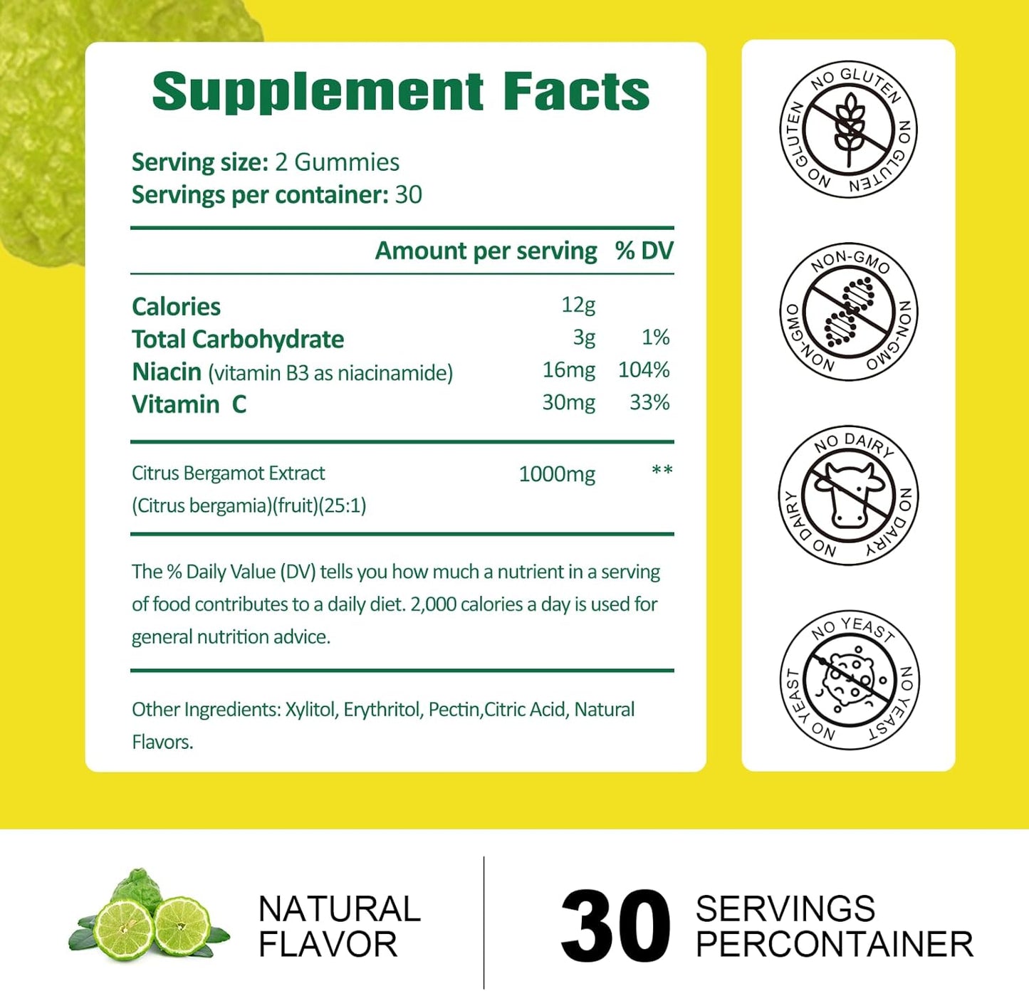 Sugar-Free Citrus Bergamot Gummies - All-Natural Supplement for Healthy Cholesterol & Immune Support, Anti-Aging Vegan Pectin Extract from Italy
