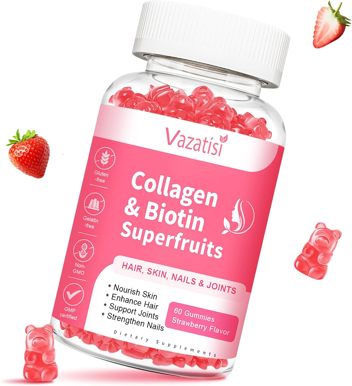 Sugar Free Collagen Gummies with Multi Peptides and Vitamins for Hair, Skin, Nails, and Immunity - Strawberry Flavor - 60 Count