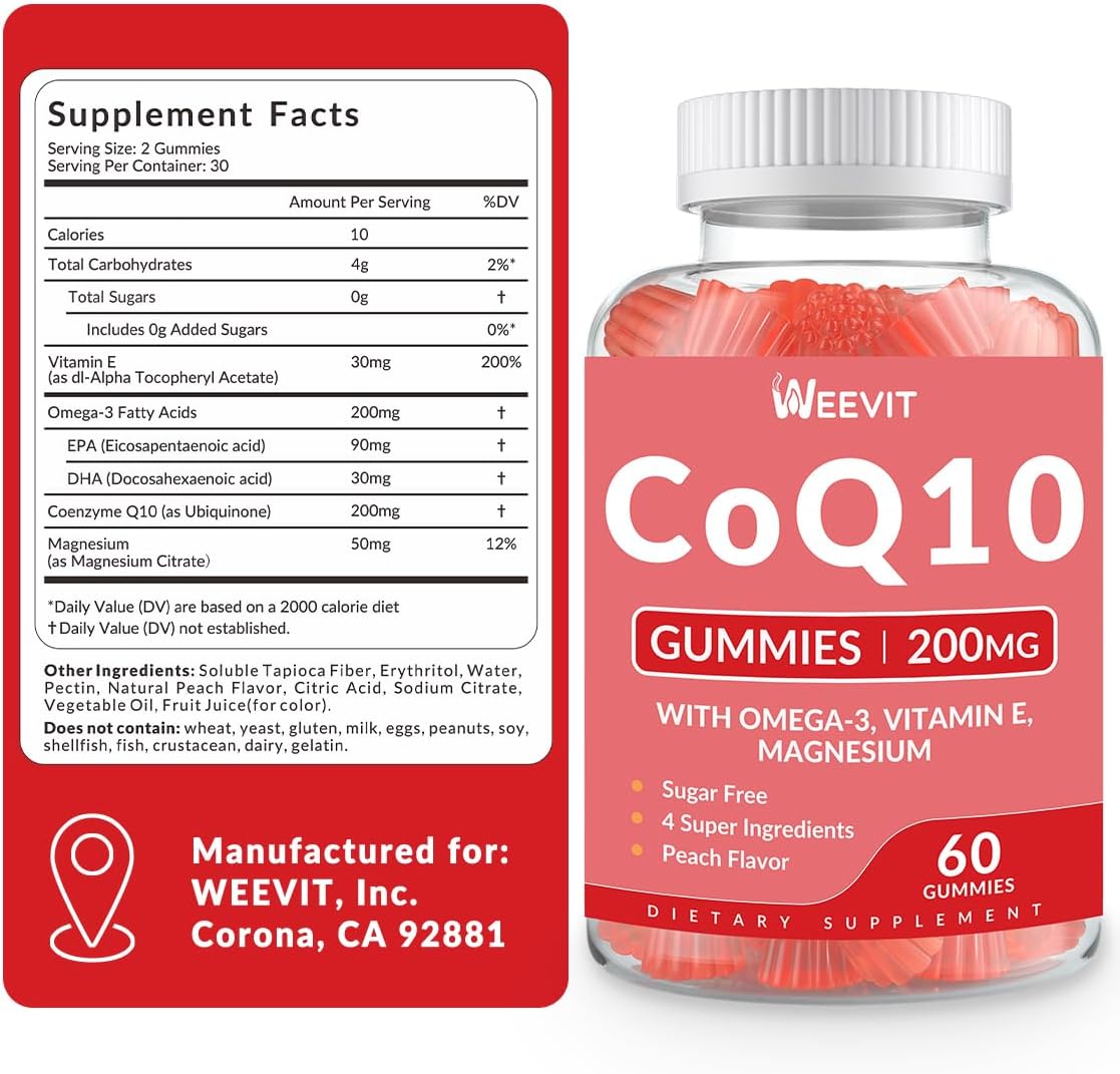 Sugar-Free CoQ10 Gummies 200 MG - Adult Coenzyme Q10 (Ubiquinone) Supplement with Omega-3, Vitamin E & Magnesium for Energy, Brain, and Antioxidant Support