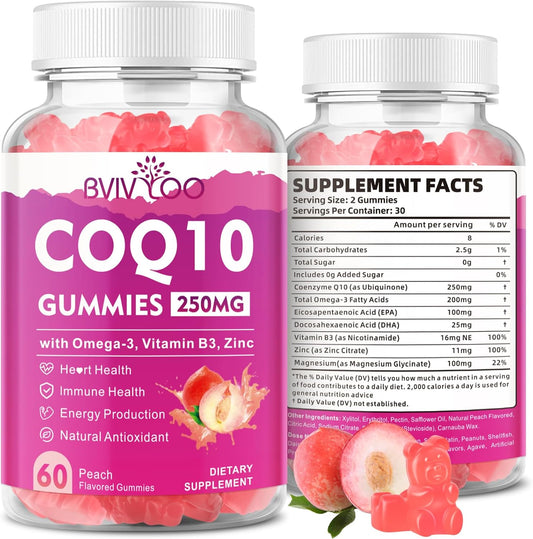 Sugar-Free CoQ10 Gummies 250mg with Omega-3, Vitamin B3, Zinc, and Magnesium - Heart Health and Antioxidant Support - 60 Count